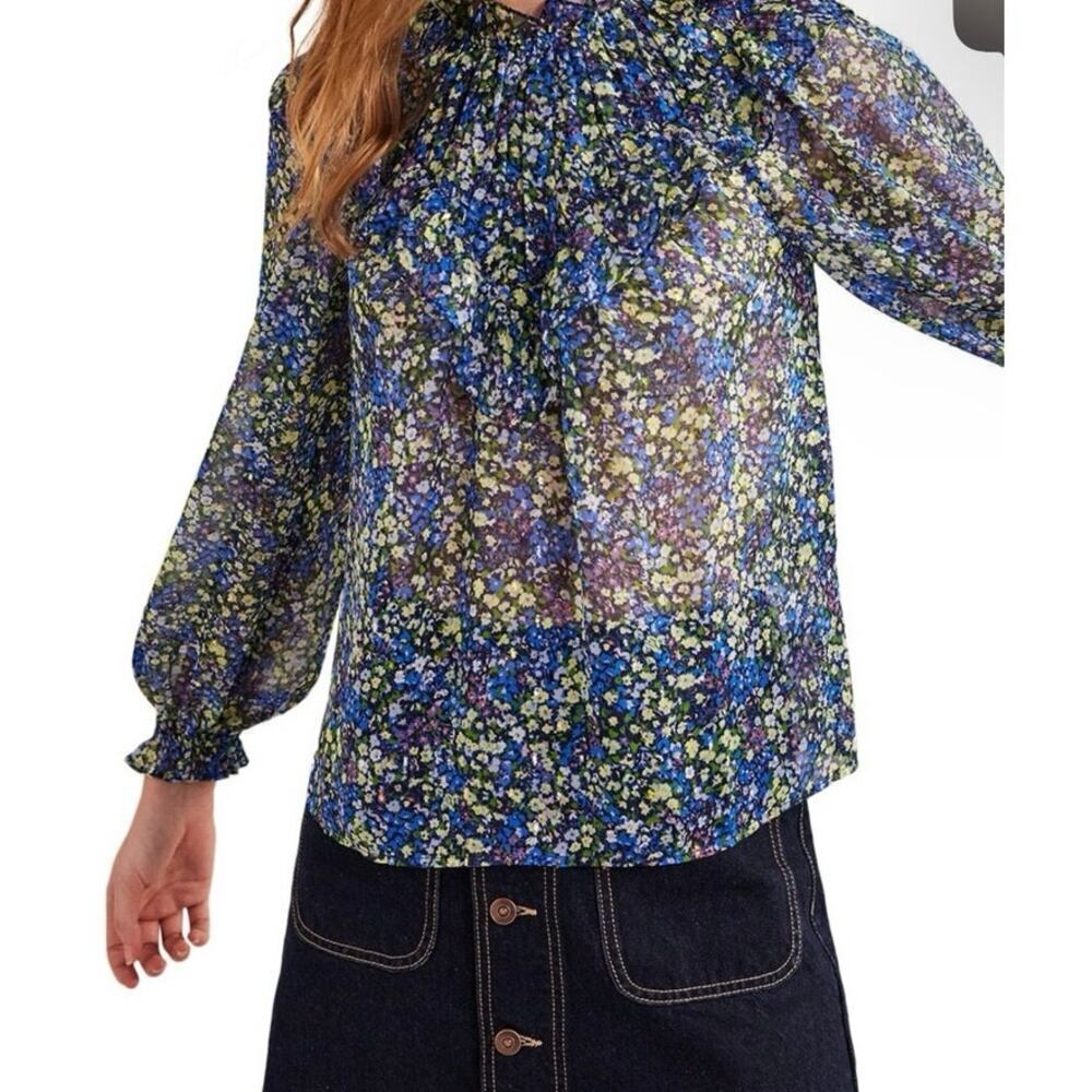 BODEN V Yoke Flounce Sheer Top High Neck Pleated Front Floral Size 16/18 Fairy